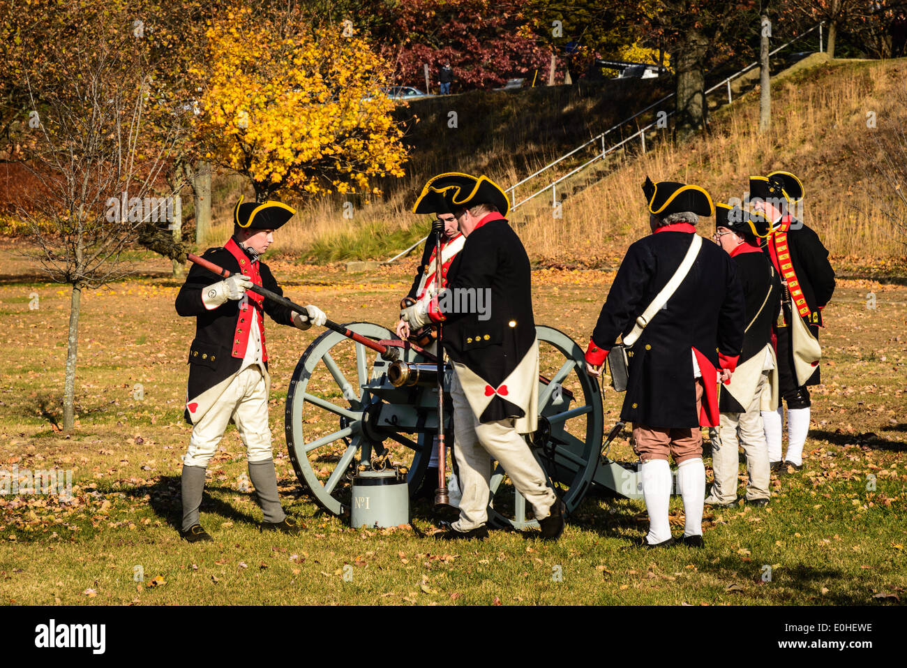 West Jersey Artillery, Continental Army Artillerymen Reenactors firing cannon, Fort Mercer, Red Bank, New Jersey Stock Photo