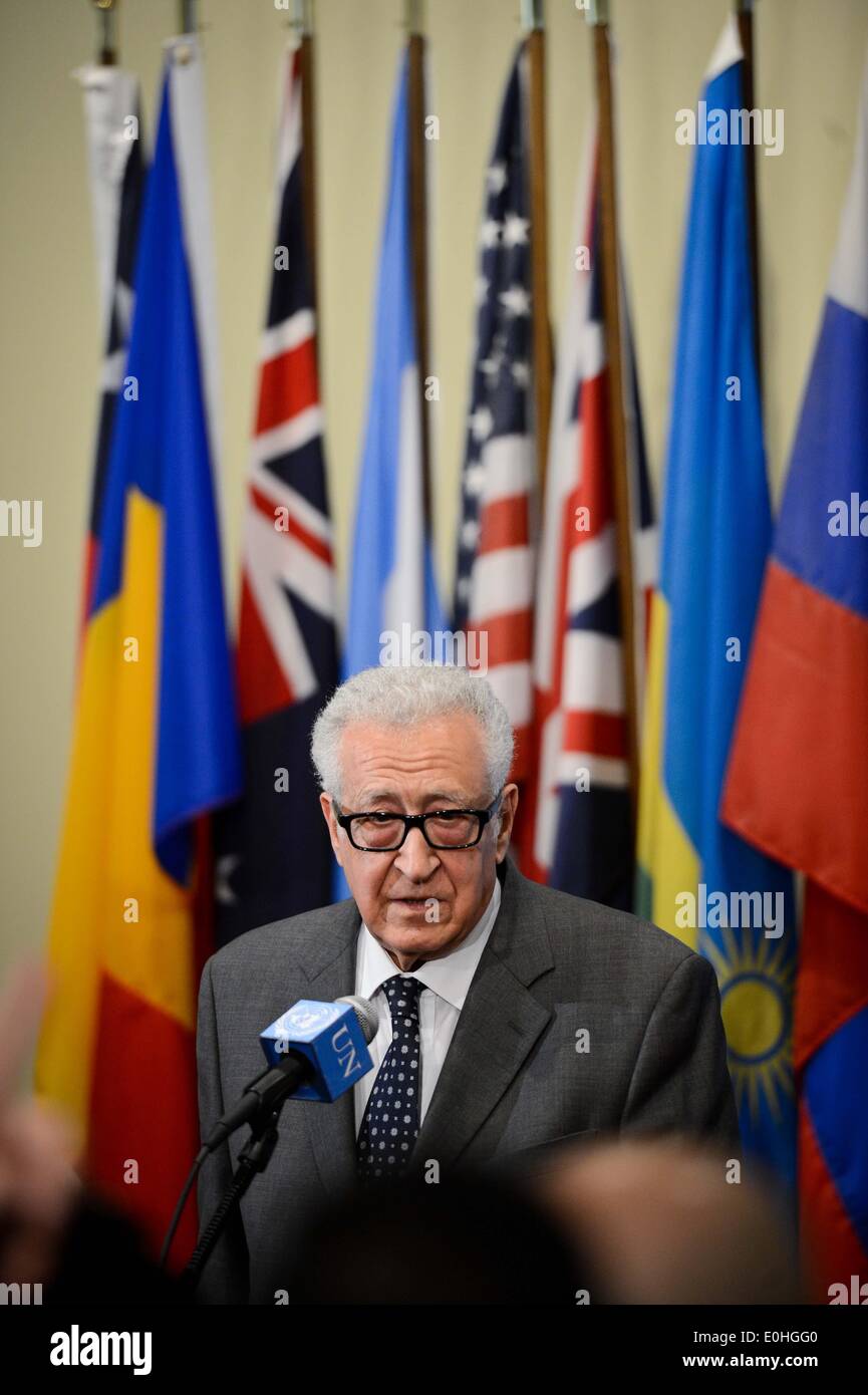 (140513) -- NEW YORK, May 13, 2014 (Xinhua) -- Lakhdar Brahimi, the UN-Arab League special envoy to Syria, speaks to media reporters after briefing the Security Council at the UN headquarters in New York, on May 13, 2014. Lakhdar Brahimi, who will step down on May 31 as the international mediator for Syria said here Tuesday that he was sorry for the failure to broker an end to the Syrian crisis, but he believed the Geneva Communique 'will continue to be the centrepiece' in the efforts to bring peace and stability to the war-torn country. (Xinhua/Niu Xiaolei) Stock Photo