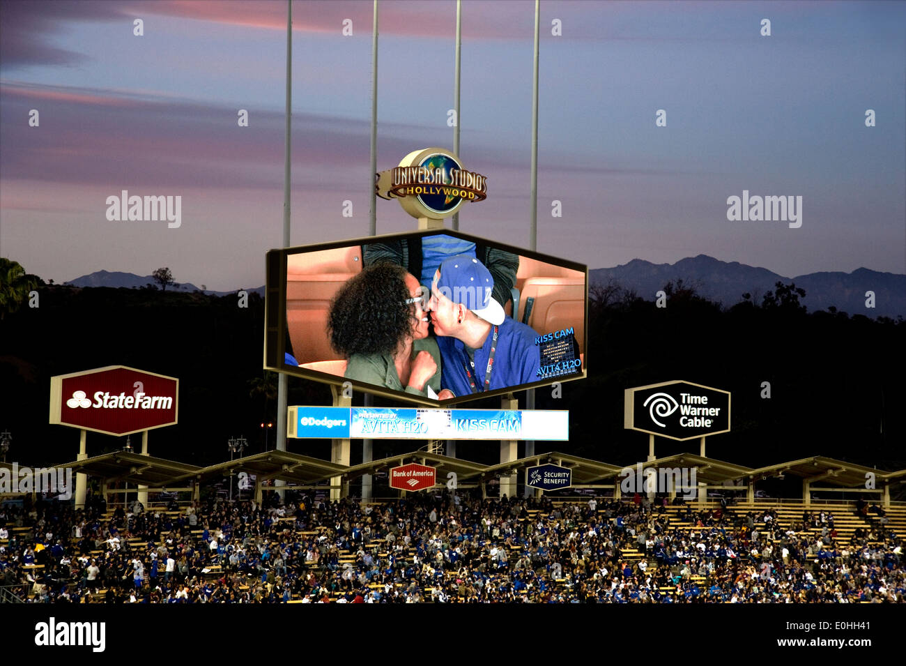 Jumbo scoreboard at Dodger Stadium displaying fans kissing Stock Photo