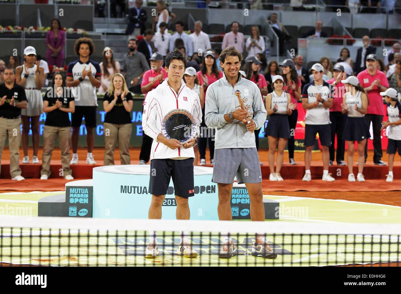 Madrid, Spain, May 11, 2014. 11th May, 2014. (L-R) Kei Nishikori (JPN),  Rafael Nadal (ESP) Tennis : Kei Nishikori of Japan and winner Rafael Nadal  of Spain during the ceremony of the