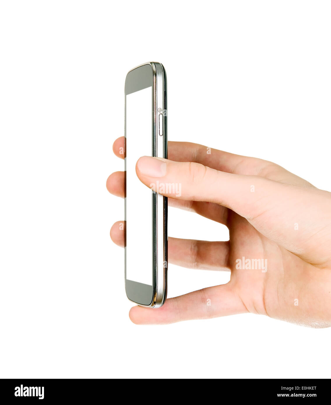 Man is holding smart mobile phone with blank screen Stock Photo