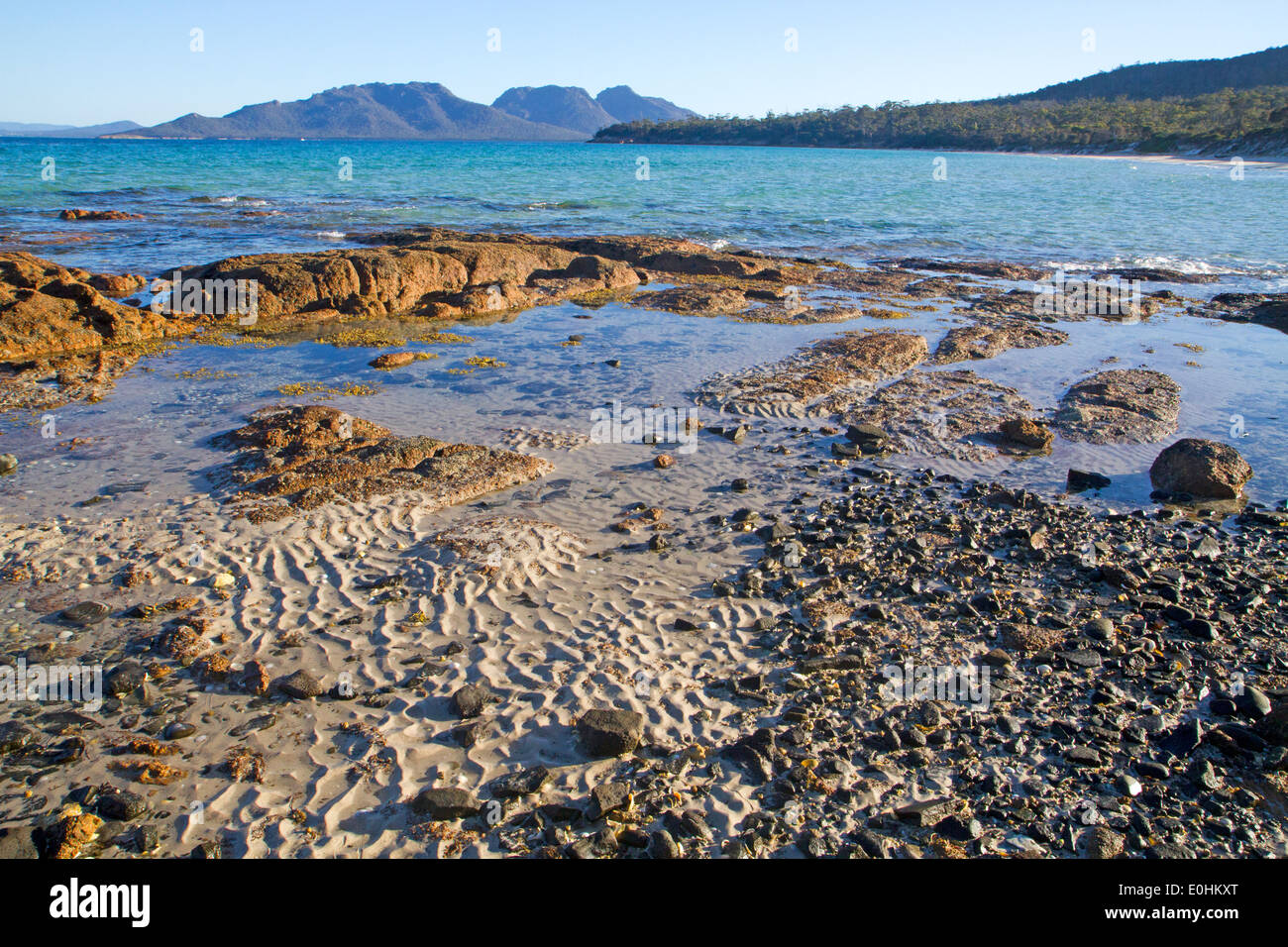 View from Cooks Beach to the Hazards, Freycinet National Park Stock Photo