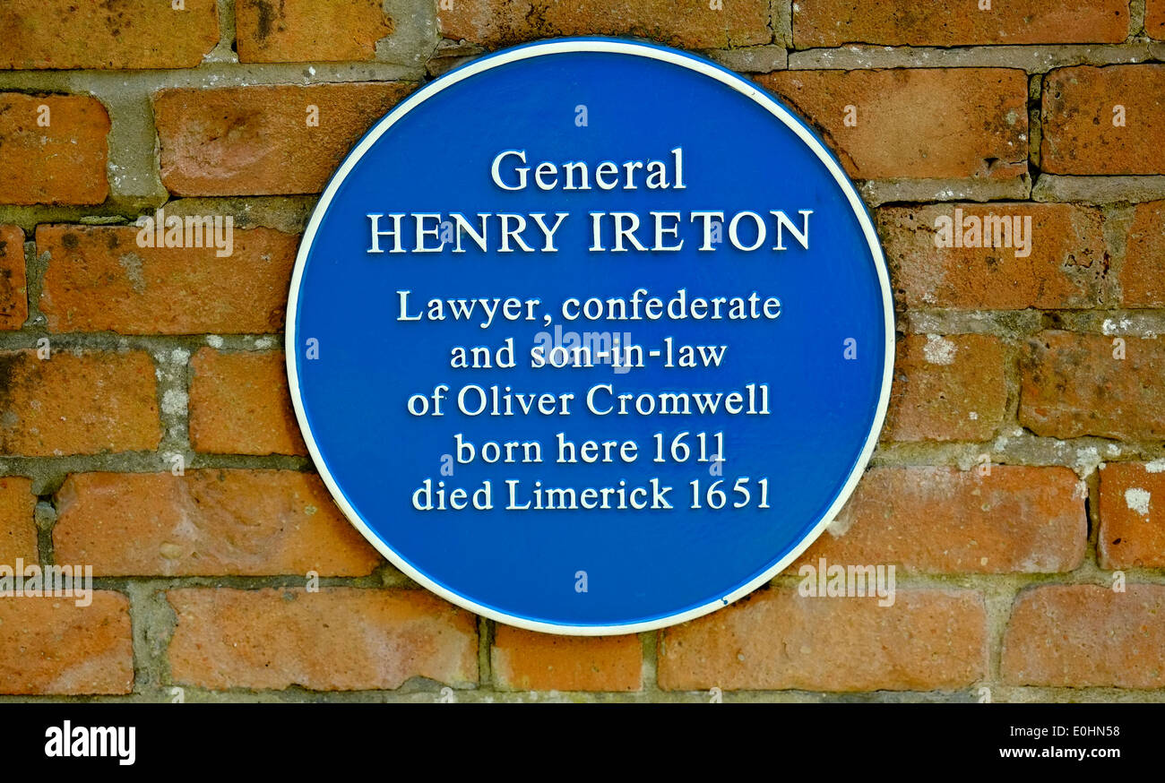 Blue plaque regarding General Henry Ireton, son in law of Oliver Cromwell British, England, Stock Photo