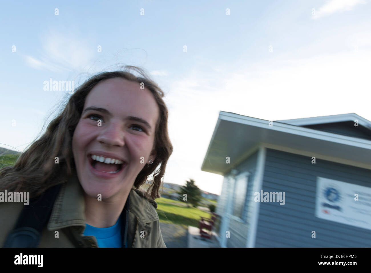 Girl laughing, Avalon Peninsula, Newfoundland And Labrador, Canada Stock Photo