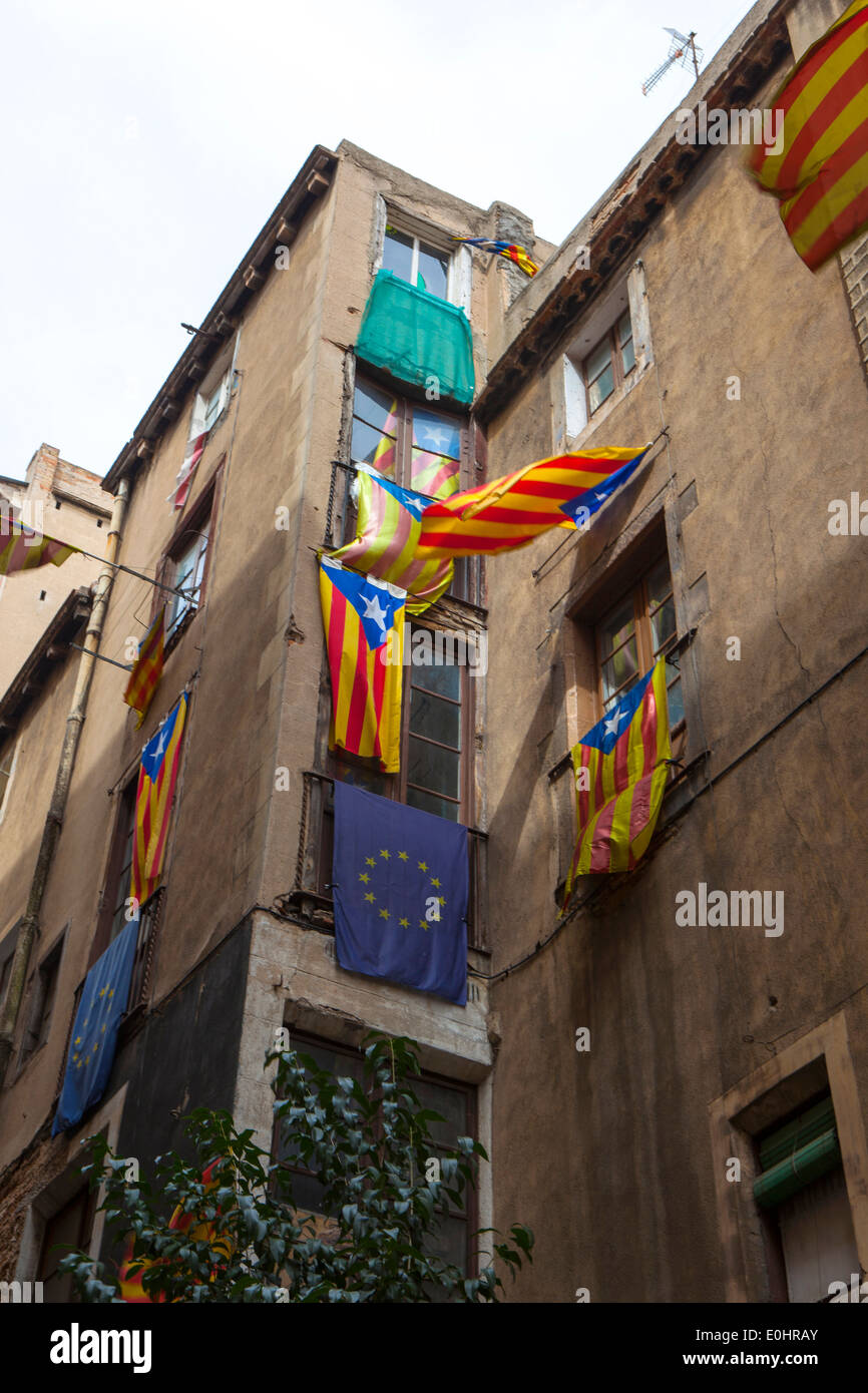 Catalonia: A New European State. Catalan Independence flags hanging on buildings in Barcelona. Stock Photo