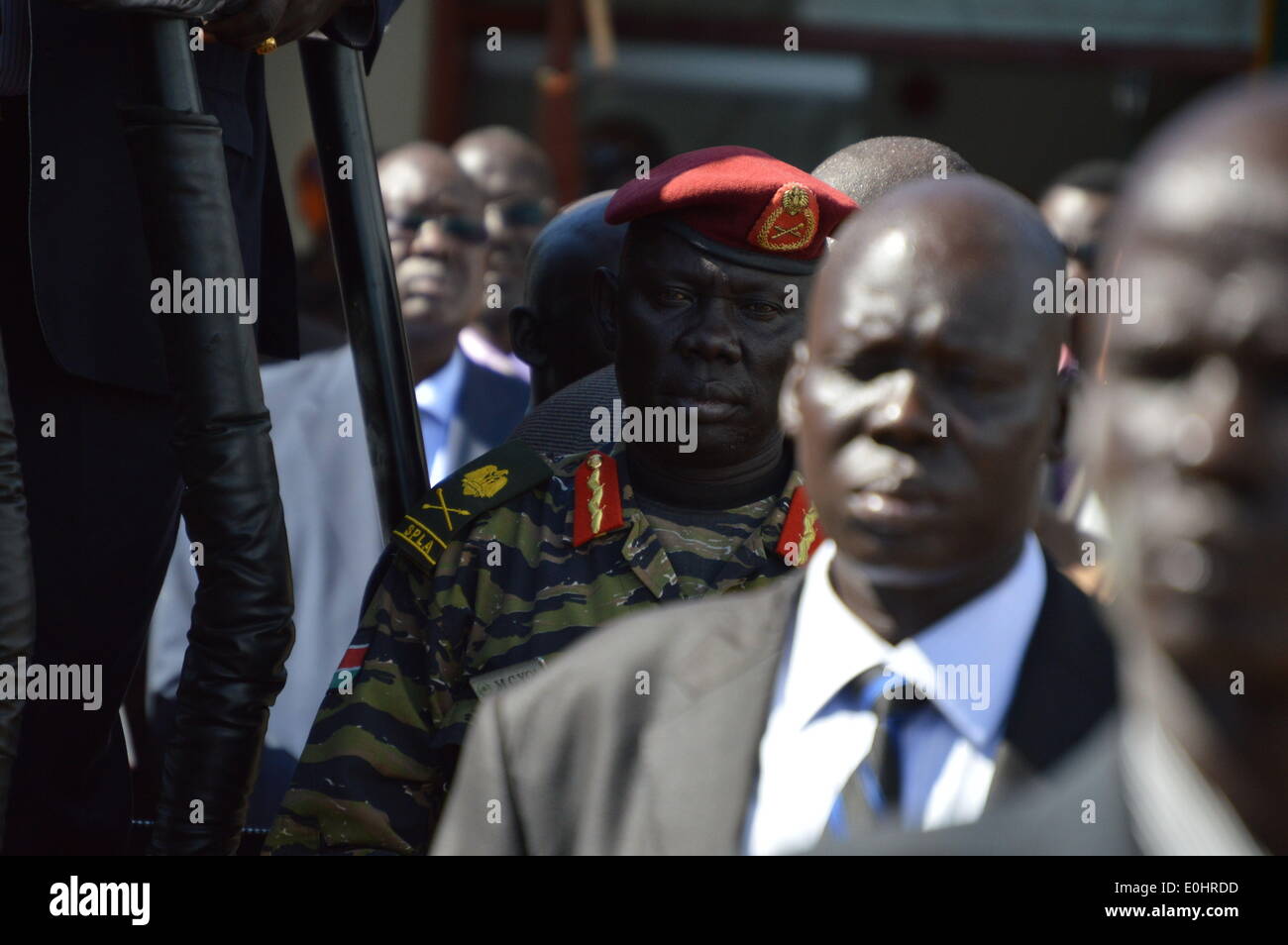 May 11, 2014 - Juba, South Sudan, Africa - the Sudan People's Liberation Movement (SPLM) Major General MARIAL CIENNOUNG (red cap), commander of the Presidential Guard (The Tiger Battalion). The Tiger Battalion also known as the Presidential Republican Guards in South Sudan during the visit of president S. Kiir from Kenya. The commander of the Tiger Battalion Major General Marial Chanuong Yol Mangok AND general Peter Gadet from the rebels side, have been named by the United States government as the first South Sudanese to face US sanctions. Last month the US President authorized his cabinet off Stock Photo