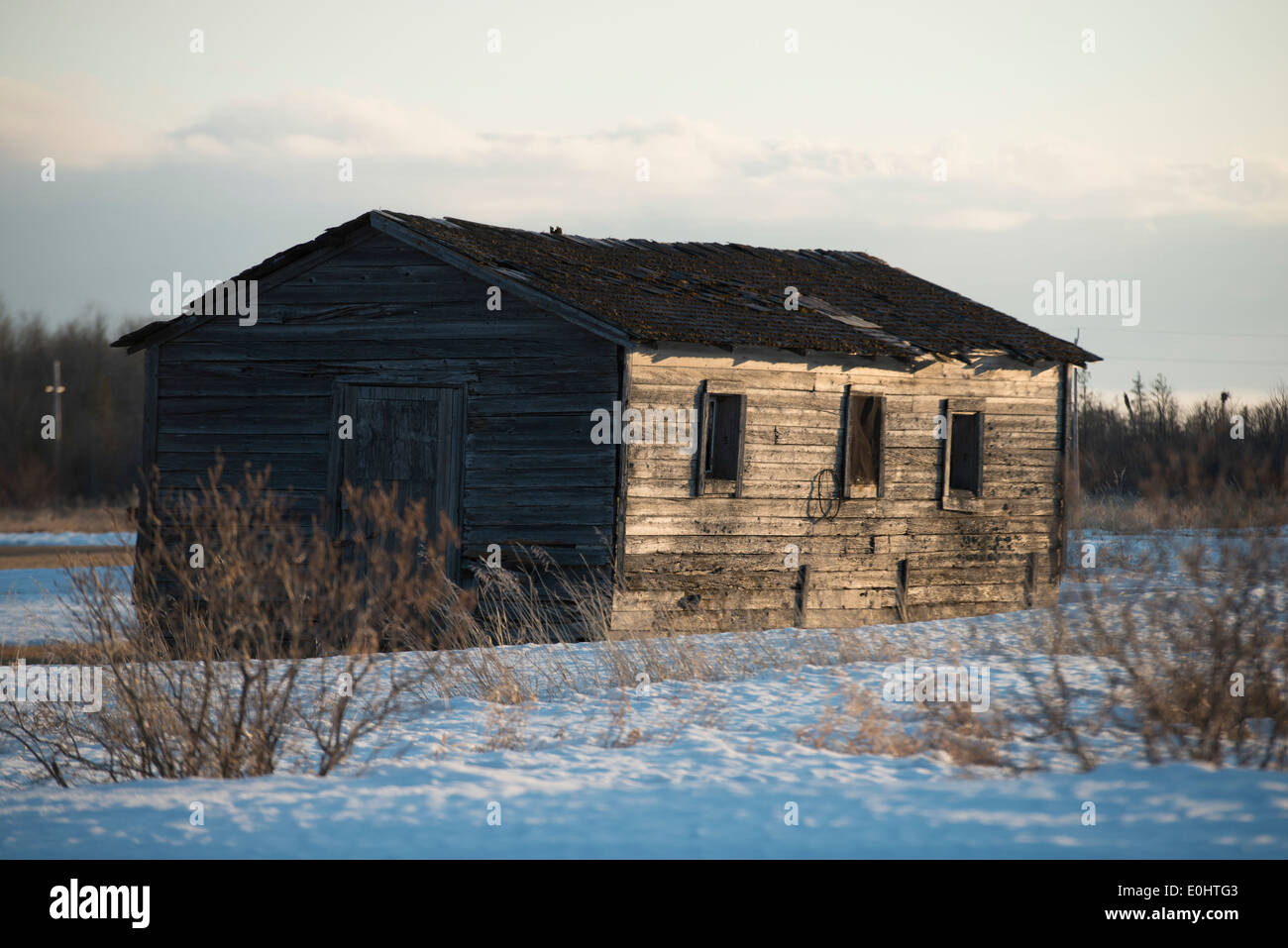 Log Cabin In Snow Covered Field At Hecla Grindstone Provincial