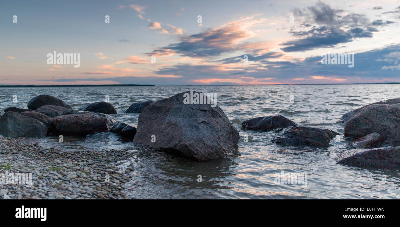 Rocks along shoreline, Lake Winnipeg, Riverton, Hecla Grindstone Provincial Park, Manitoba, Canada Stock Photo