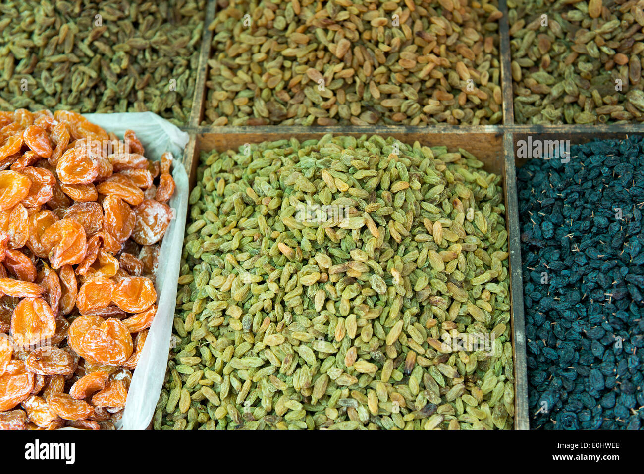 Varieties of dried fruit and nuts in market, Dong Dajie, Dunhuang
