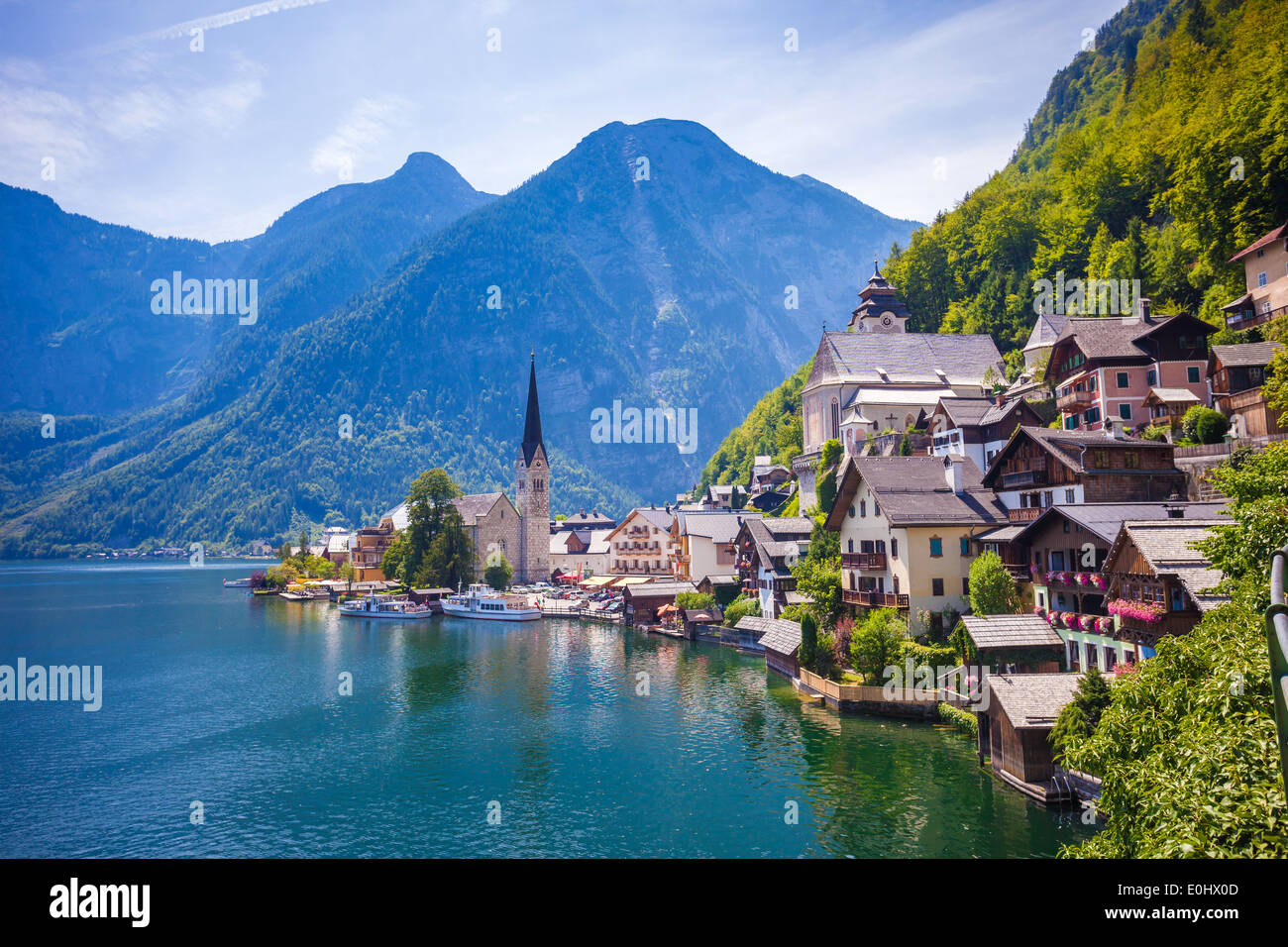 View of Hallstatt village with lake and Alps behind, Austria Stock Photo