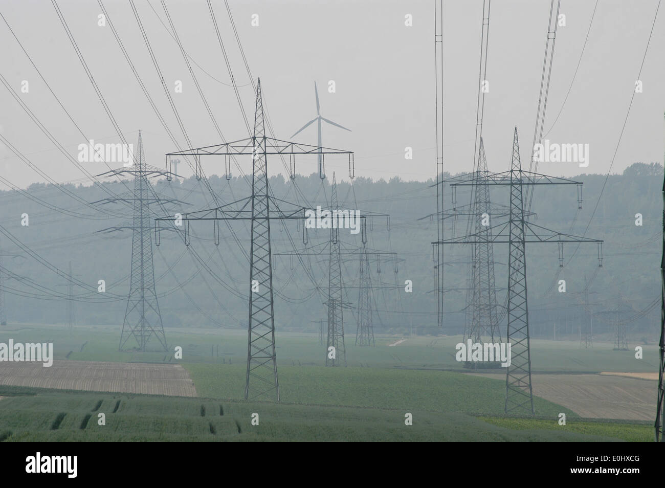 Germany, near Cologne, power lines, Deutschland, nahe Köln, Hochspannungsleitungen, Stock Photo