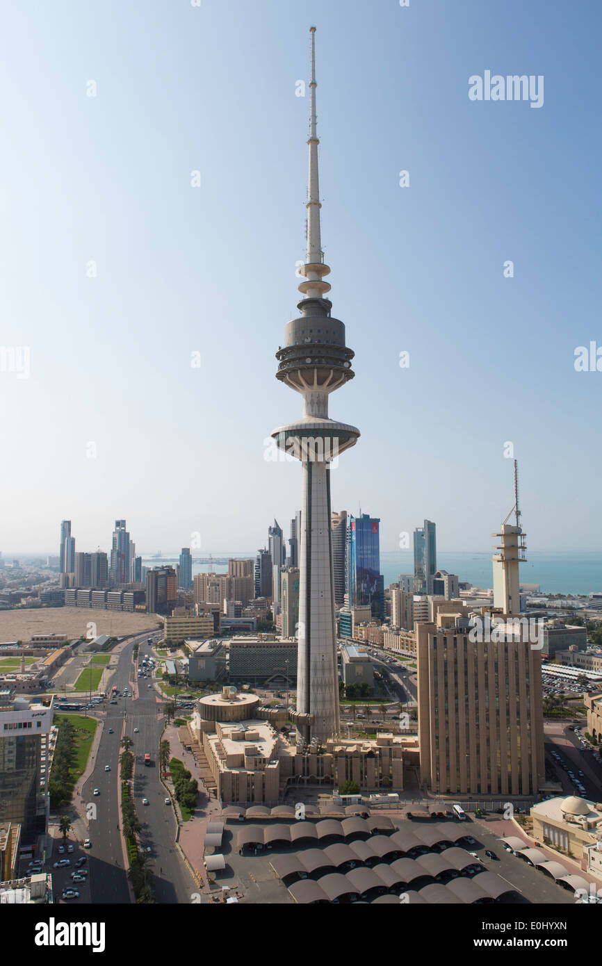 Liberation Tower, Kuwait City, modern city skyline and central Stock