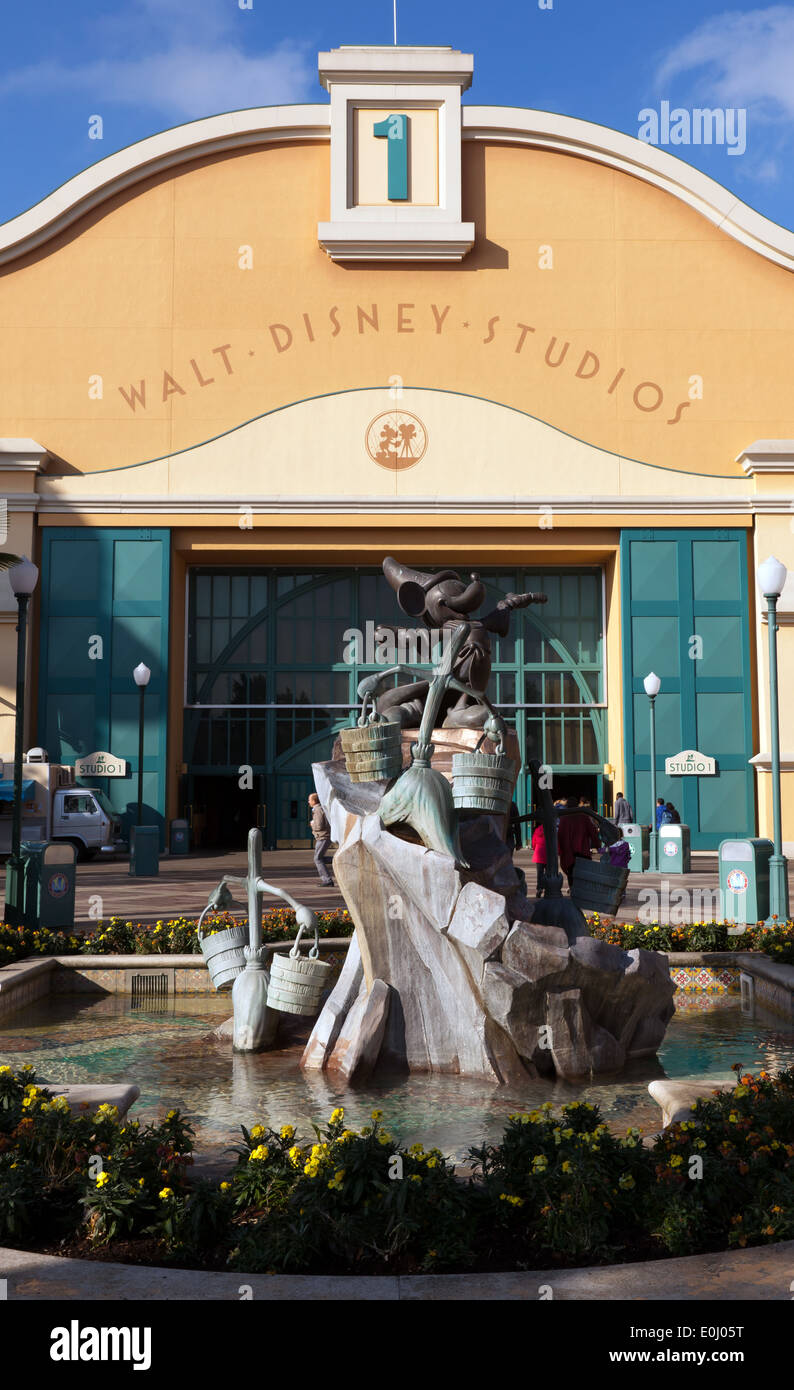 A statue of Micky Mouse and Magic Brooms, from 'The Sorcerer's Apprentice' segment of Disney's Fantasia  in Walt Disney Studios. Stock Photo