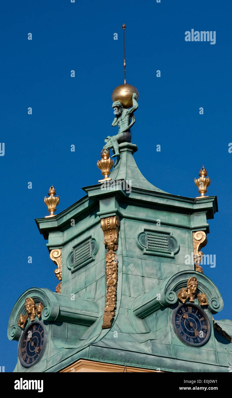 Baroque spire with figure of Atlas at tower at Wilanów Palace in Warsaw, Poland Stock Photo
