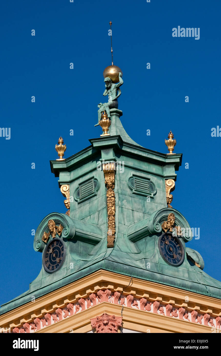 Baroque spire with figure of Atlas at tower at Wilanów Palace in Warsaw, Poland Stock Photo