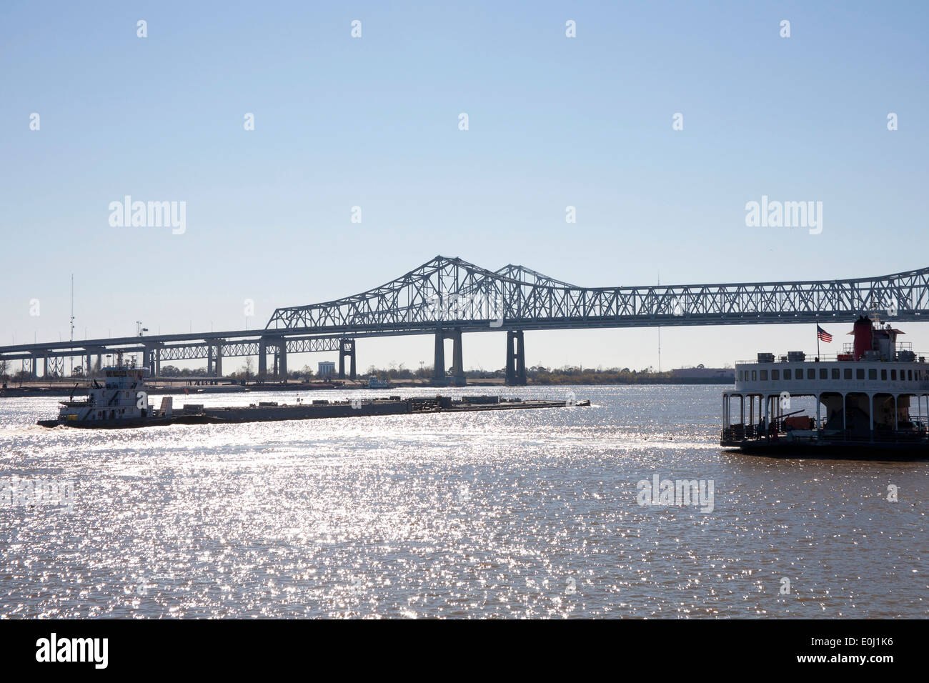 Barge navigating the Mississippi River near New Orleans, Louisiana