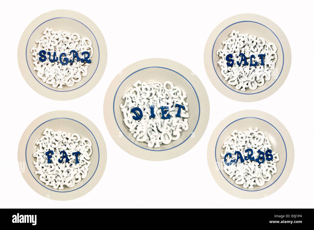 Five cereal bowls filled with white letters with blue letters spelling