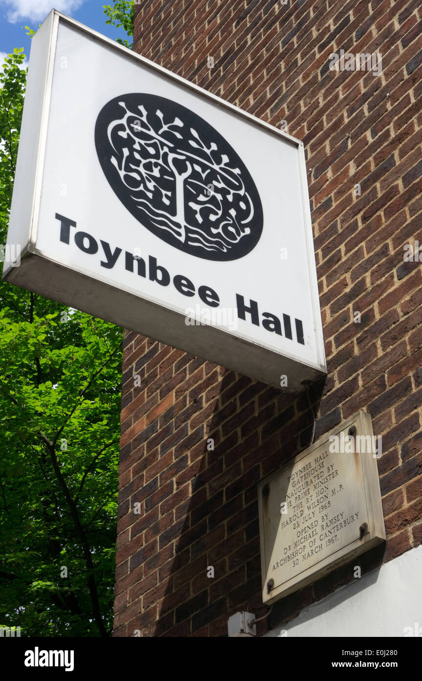 Sign for Toynbee Hall in Commercial Street, East London. Stock Photo