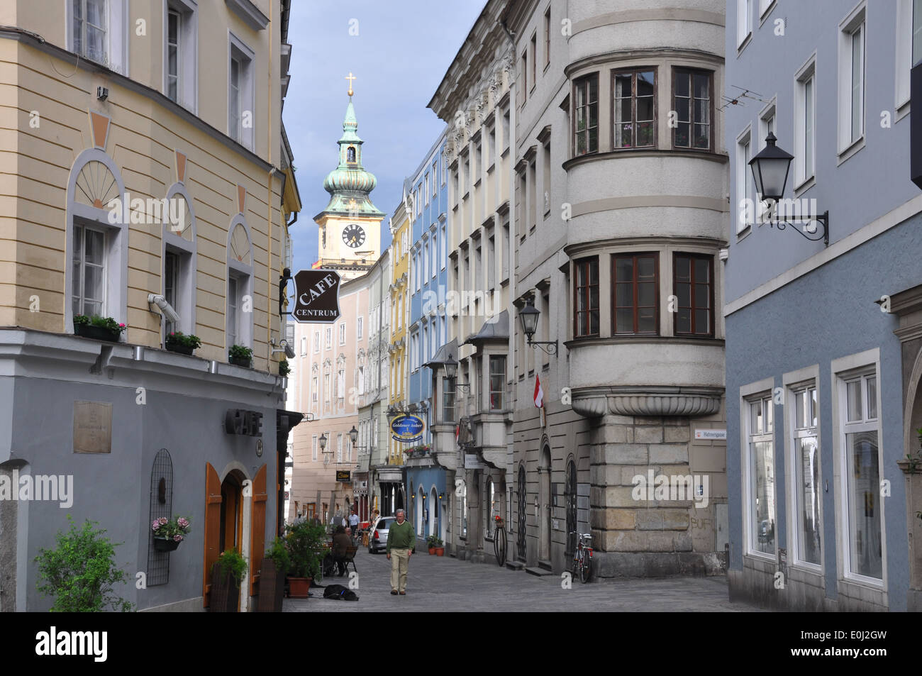 Street in Linz, Austria, showing street activity. Stock Photo