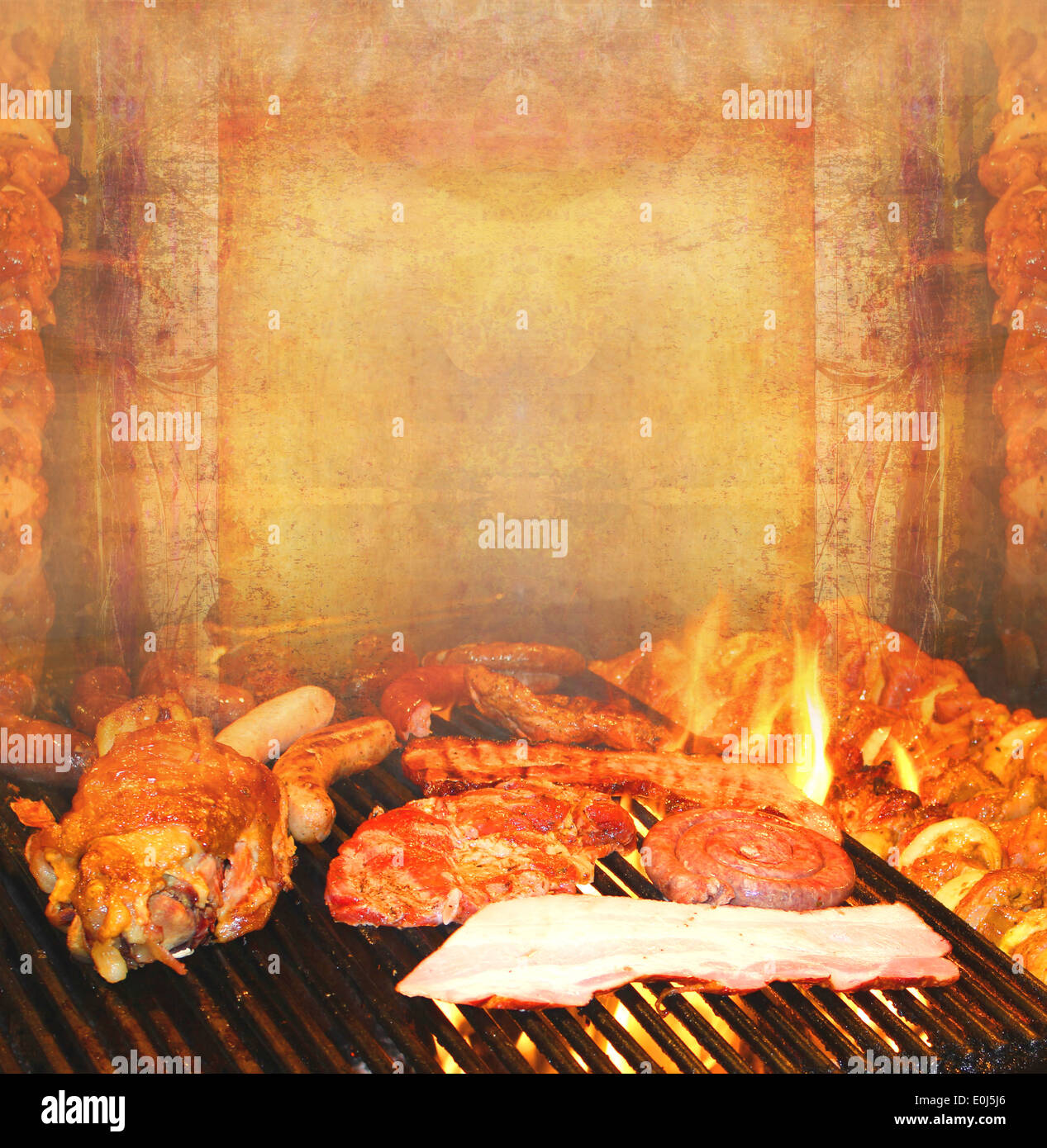 barbecue with delicious grilled meat ,Abstract vintage frame Stock ...