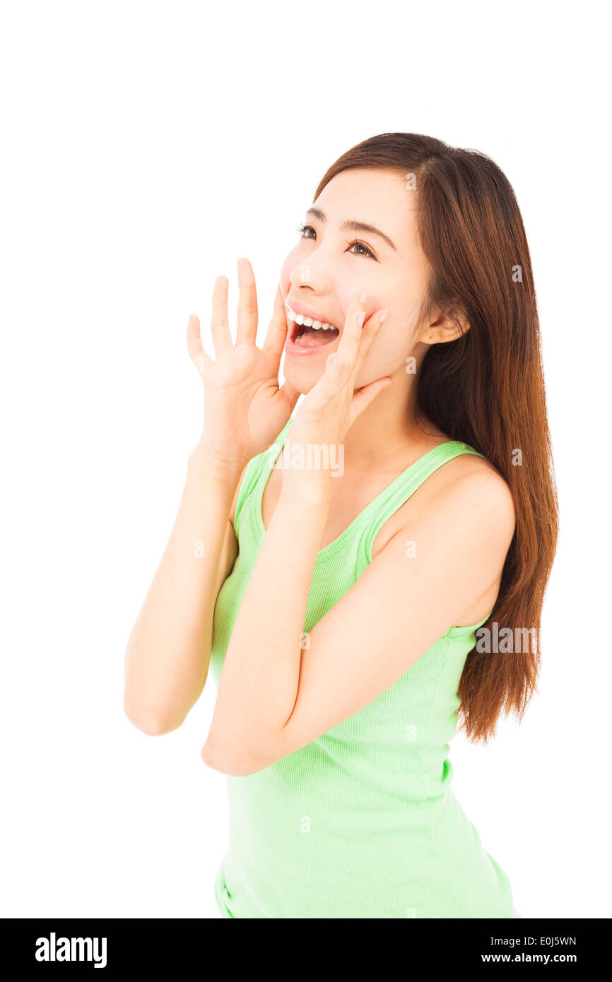 beautiful woman yelling happily isolated on a white background Stock Photo