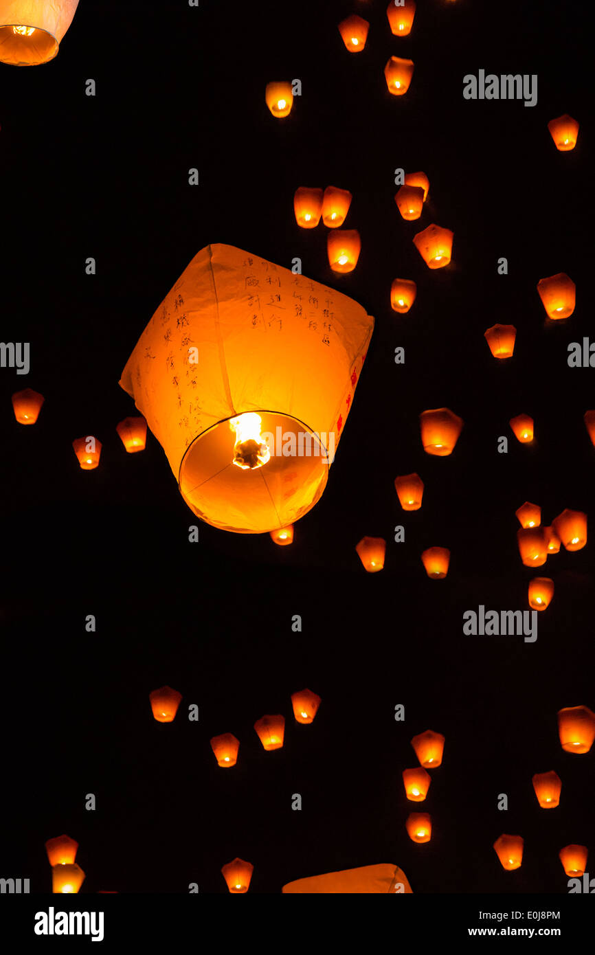 Lanterns floating in sky in Pingxi, Taiwan Stock Photo