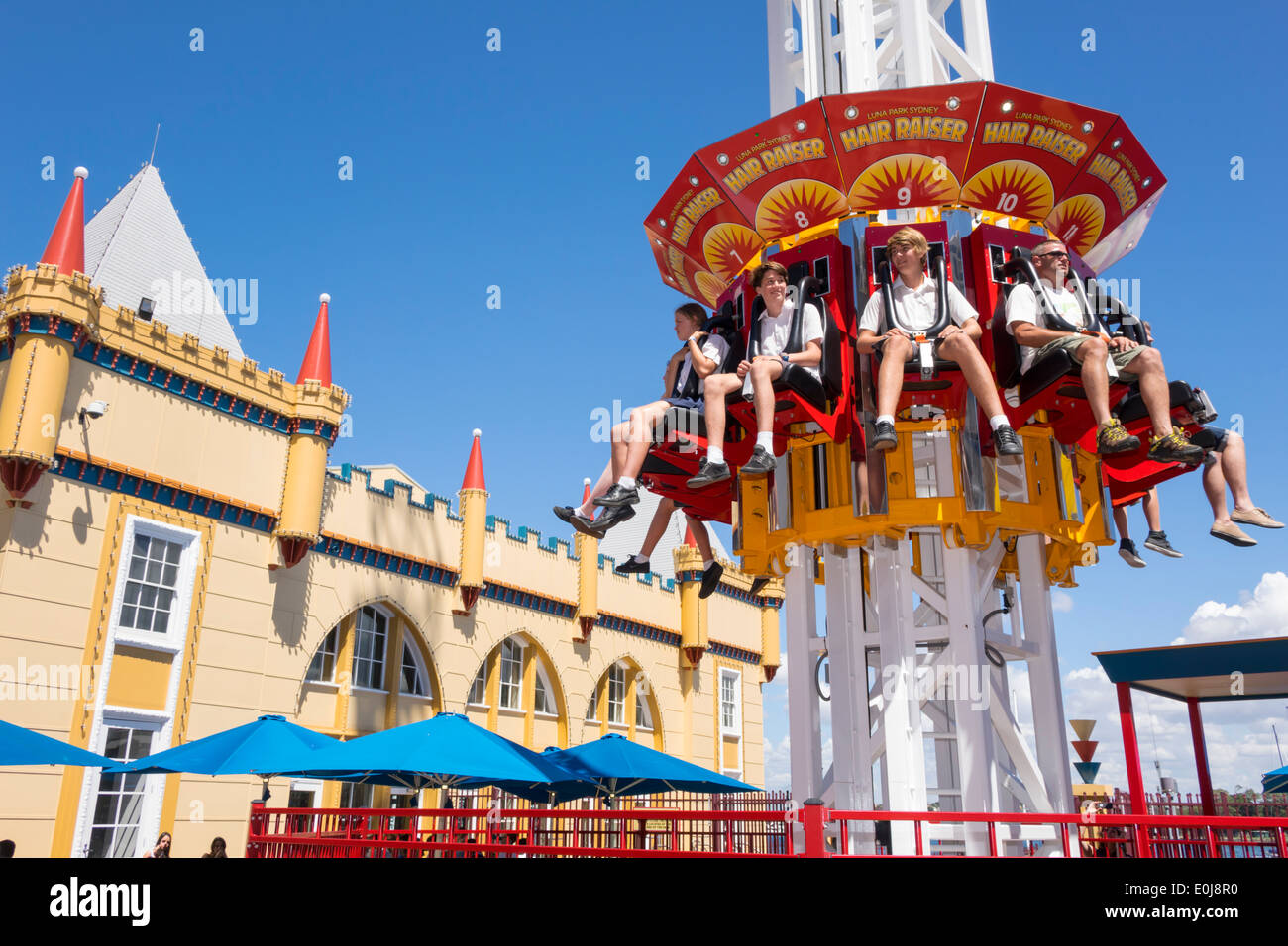 Sydney Australia,Milsons Point,Luna Park,amusement,thrill ride,drop tower,teen teens teenager teenagers boy boys,male kid kids child children youngste Stock Photo