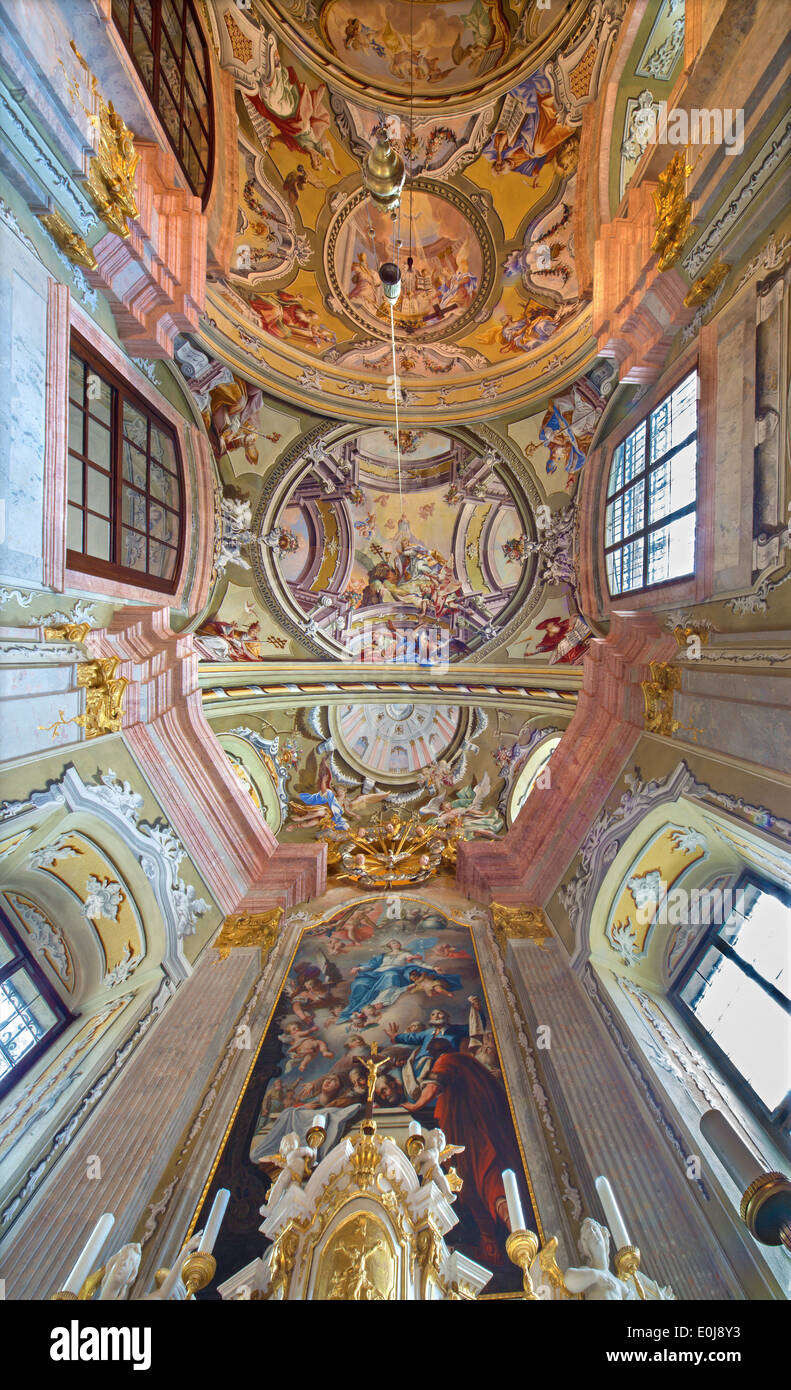 Ceiling of chapel in Saint Anton palace with the frescoes by Anton Schmidt from years 1750 - 1752. Stock Photo