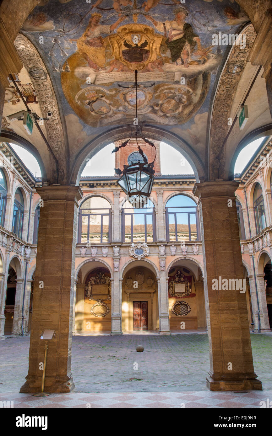 BOLOGNA, ITALY - MARCH 15, 2014: Ceiling and atrium from the entry to external atrium of Archiginnasio. Stock Photo