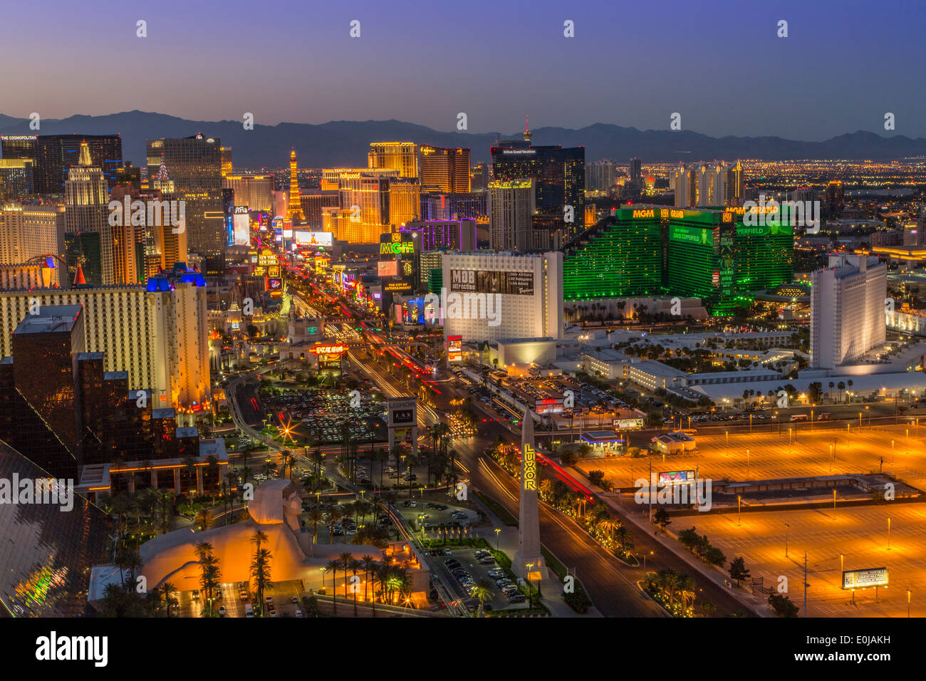 An Elevated colourful panoramic view of The Las Vegas strip at dusk with the Luxor Hotel in the foreground, Las Vegas, Nevada, USA Stock Photo