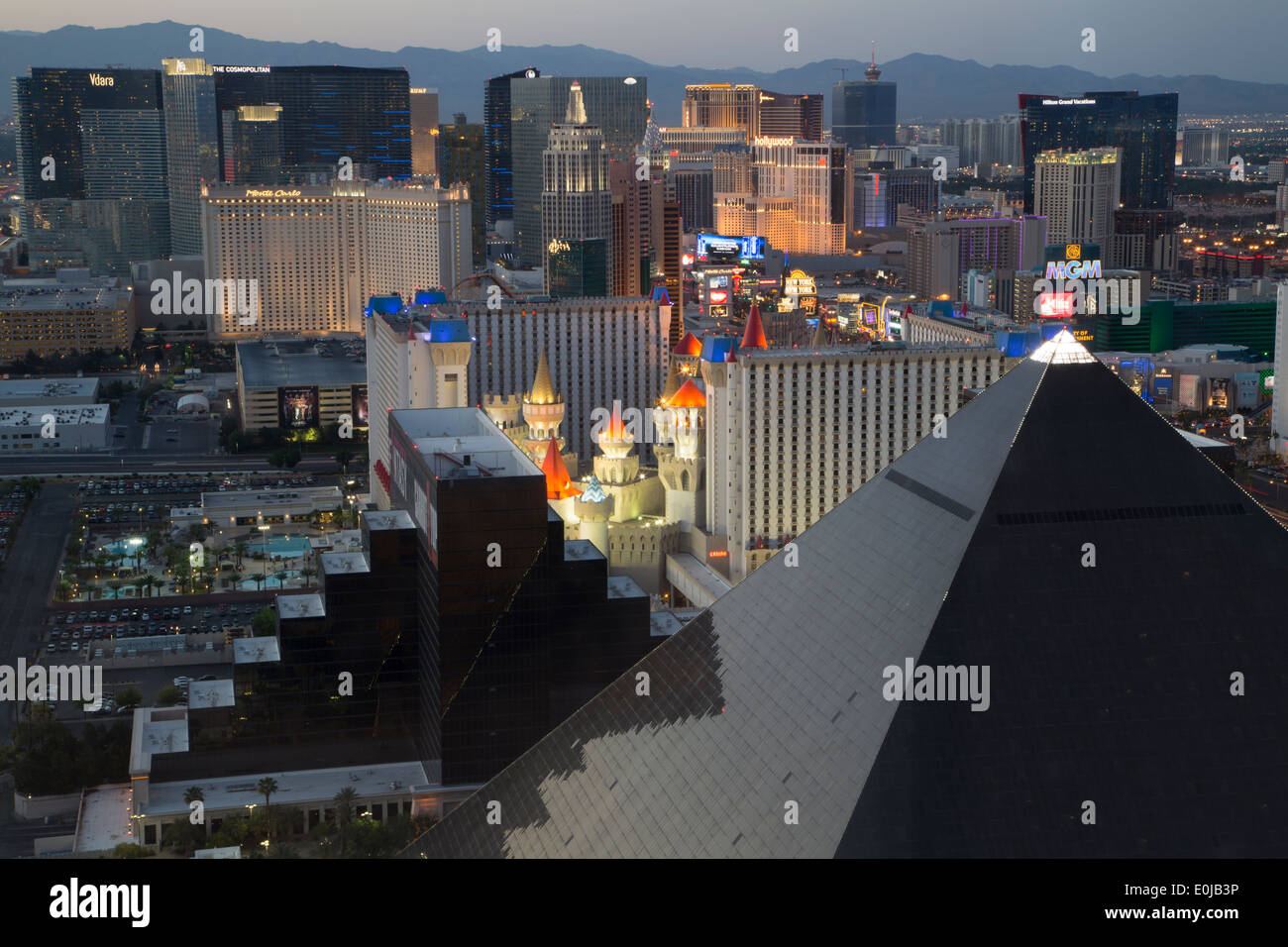 A Dusk and Aerial View Of The Las Vegas Strip of Hotels and Casinos Stock Photo
