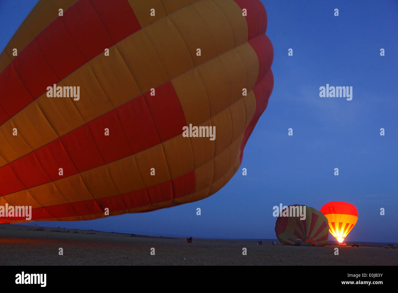 Safari hot-air balloons being inflated, Masai Mara, Kenya Stock Photo