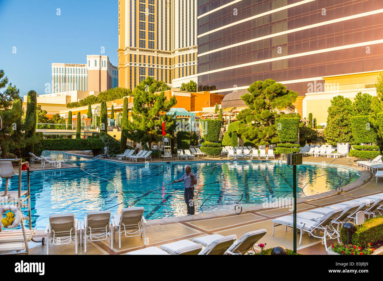An early morning view of the pool  from the Terrace Pointe Café at the Wynn Hotel Las Vegas Nevada USA Stock Photo