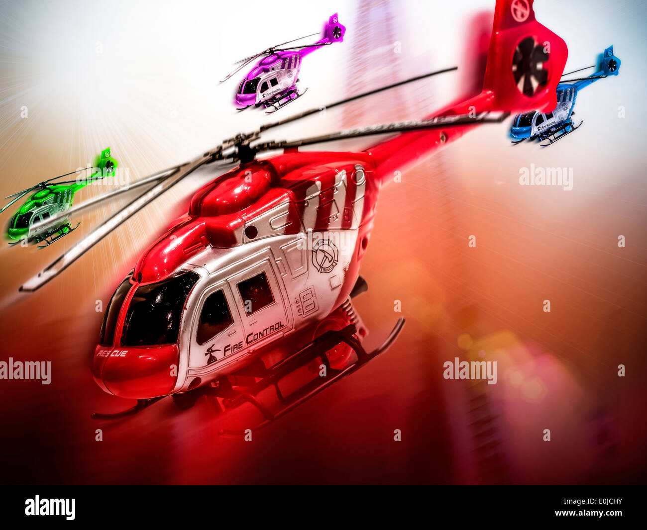 Toy Helicopters on a rescue mission Stock Photo