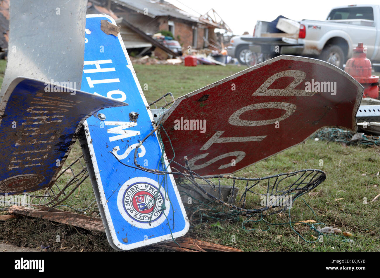 A twisted up sign from SW 6th and Telephone Road landed in the front yard of 137th Air Refueling Wing Oklahoma Air National Gua Stock Photo