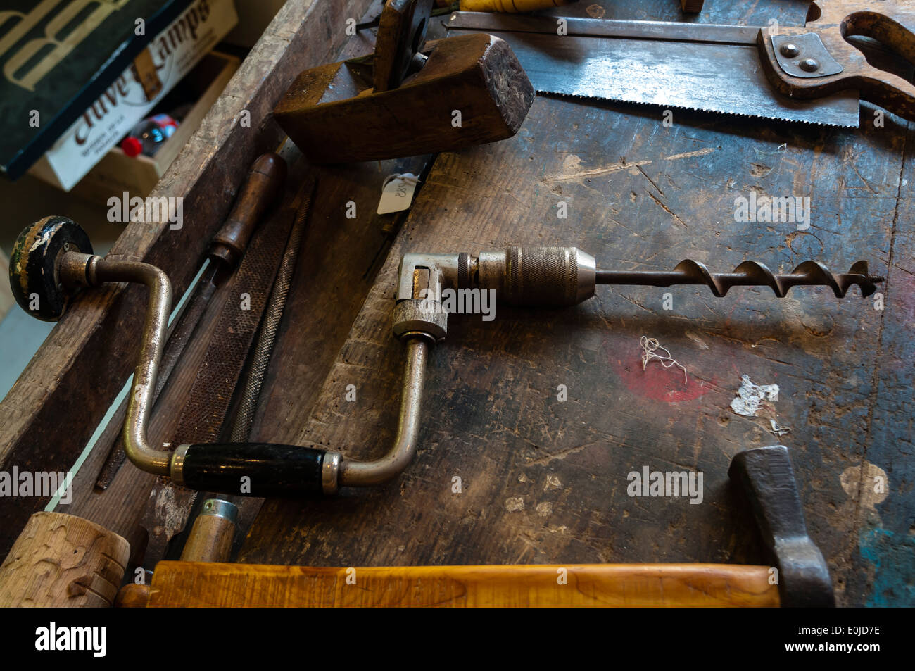 Hand drill, Old tools of the carpenter, Viejas herramientas del carpintero Stock Photo