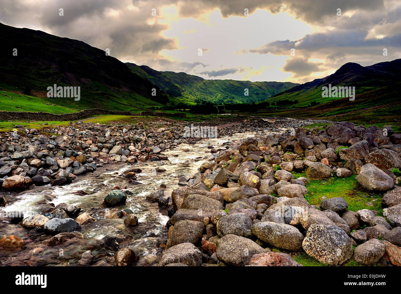 Oxendale Beck and the Langdale Valley and Pikes Stock Photo