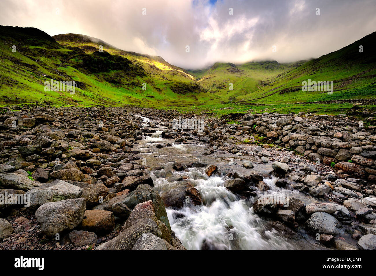 Low Clouds over Bowfell and Oxendale Beck Stock Photo