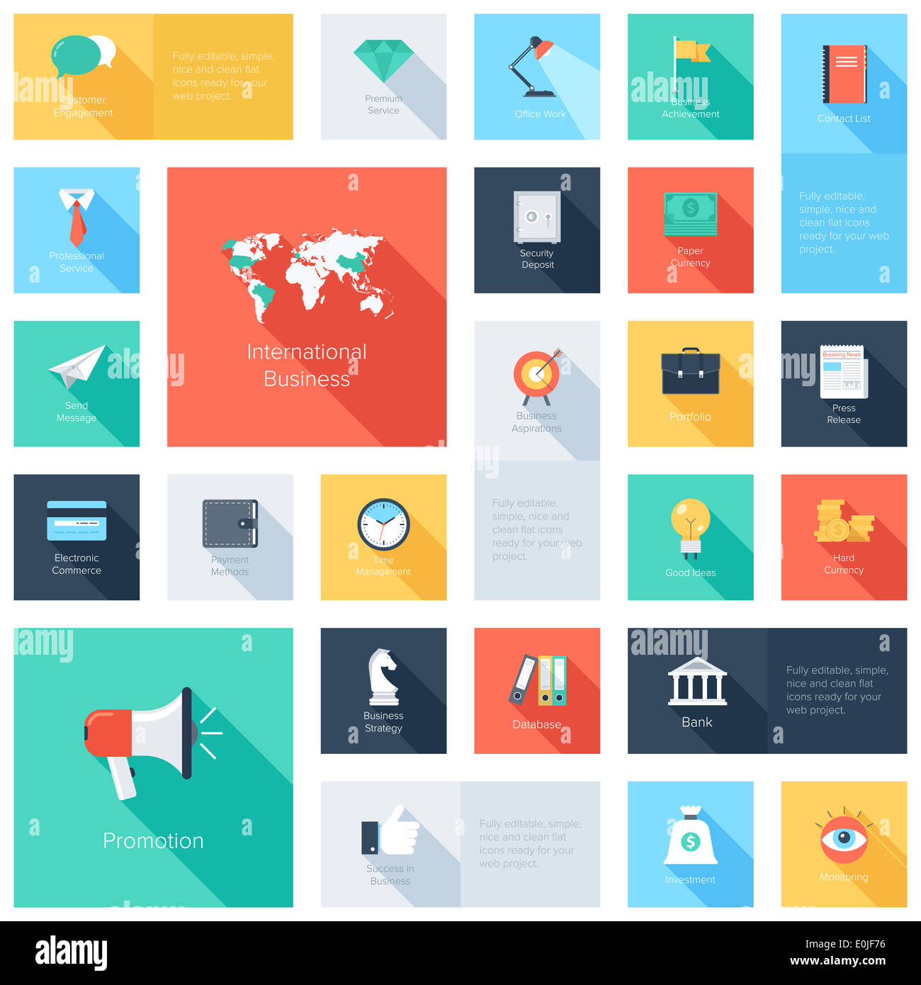 Vector collection of colorful flat business and finance icons with long ...