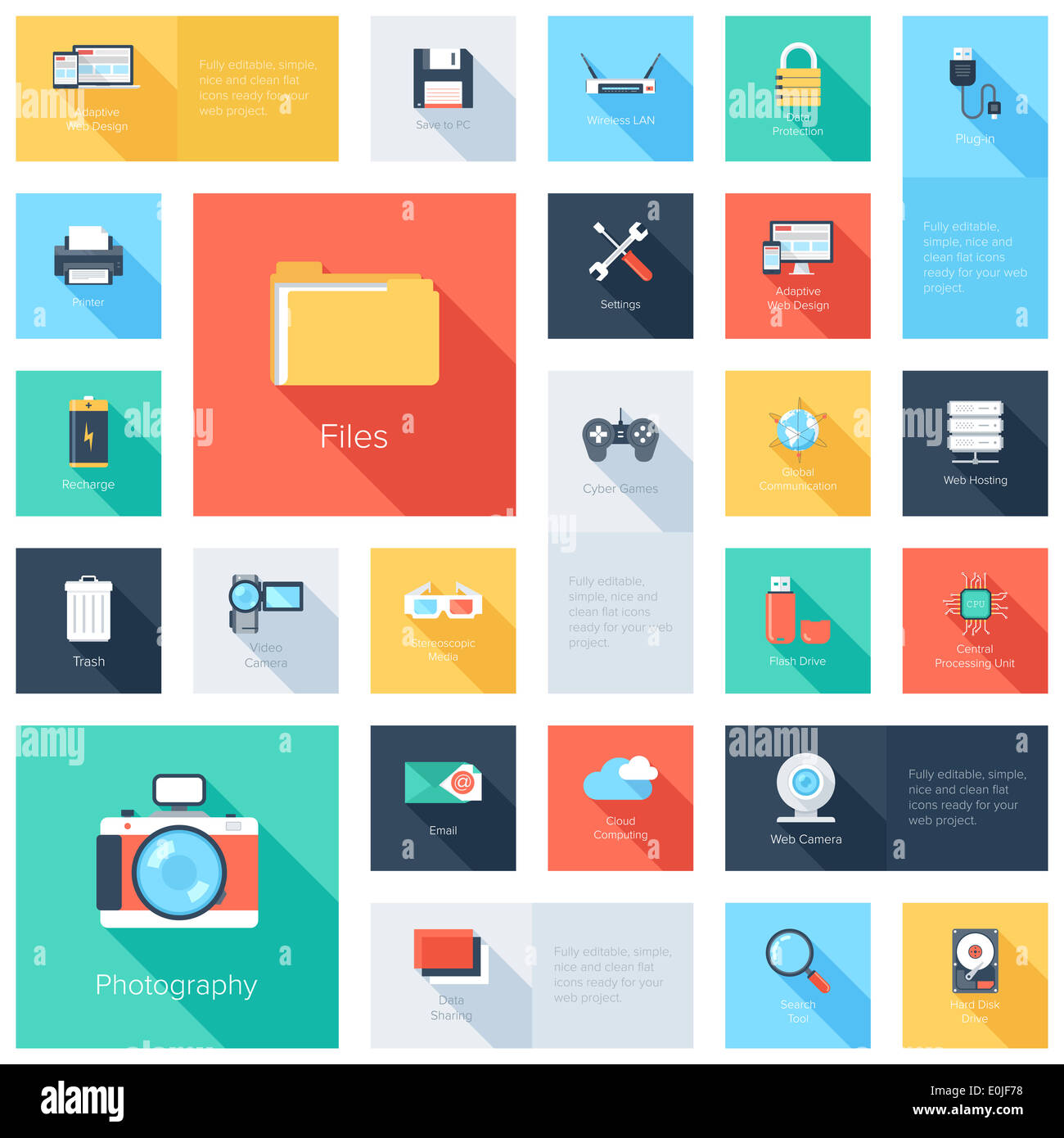 Vector collection of colorful flat technology and multimedia icons with ...
