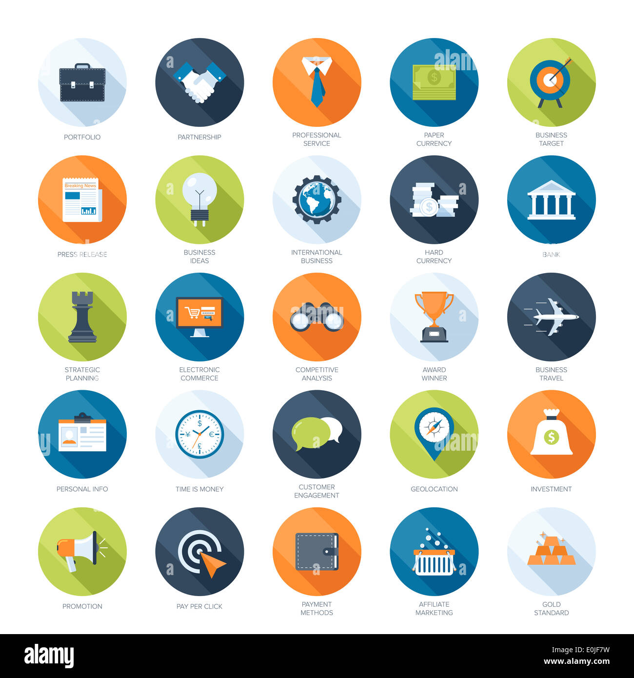 Vector collection of colorful flat business and finance icons with long ...