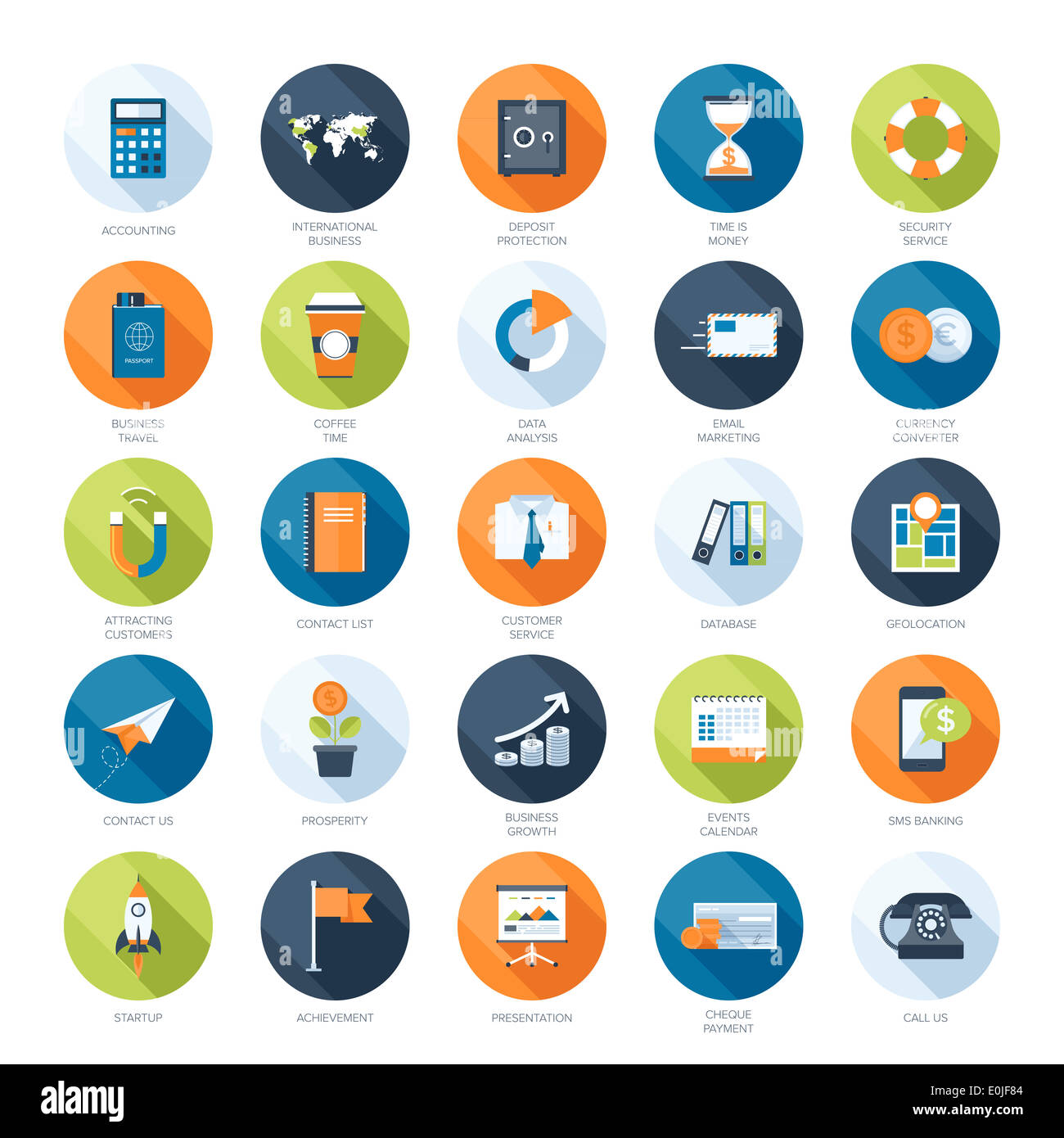 Vector collection of colorful flat business and finance icons with long ...