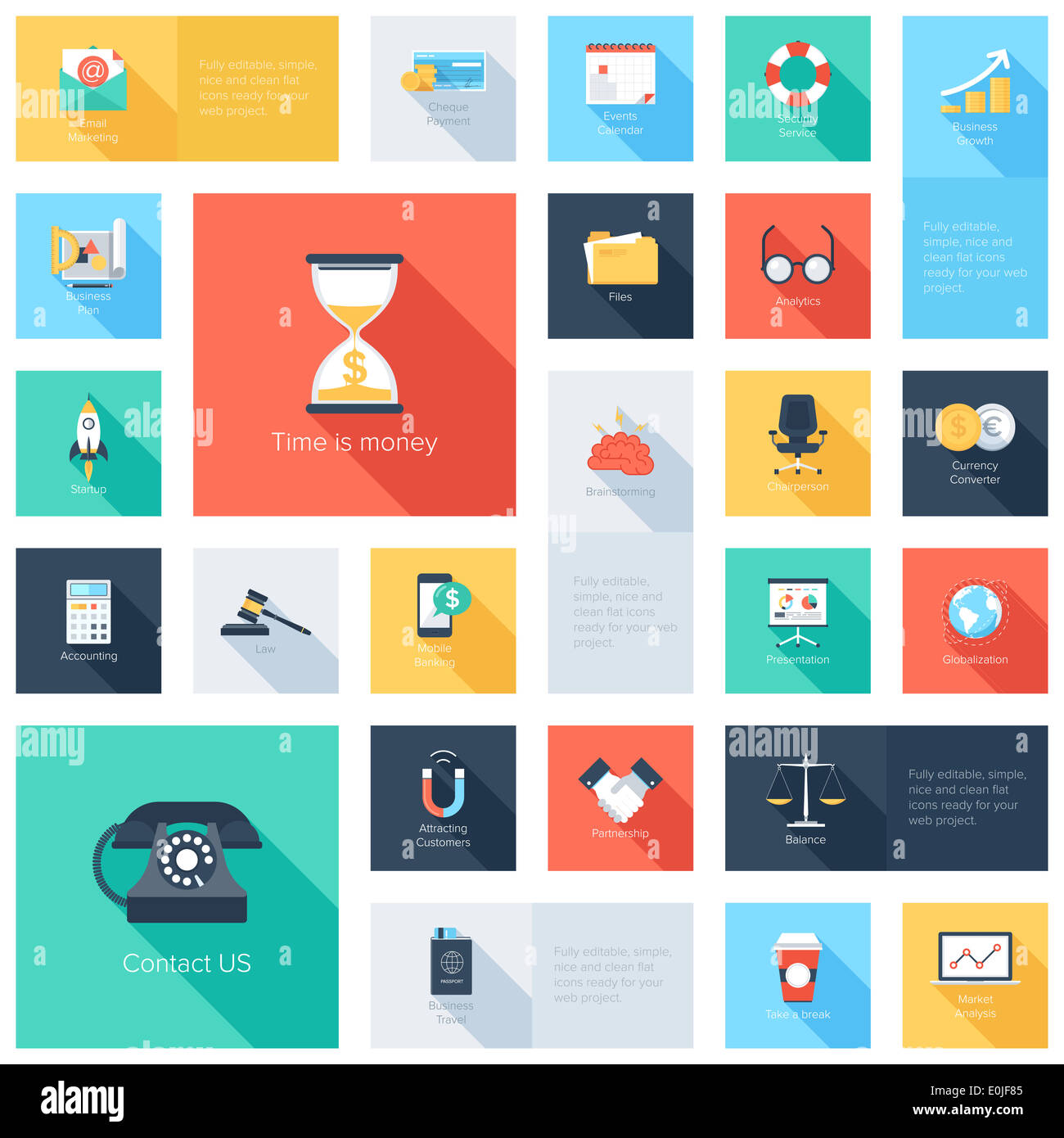Vector collection of colorful flat business and finance icons with long ...