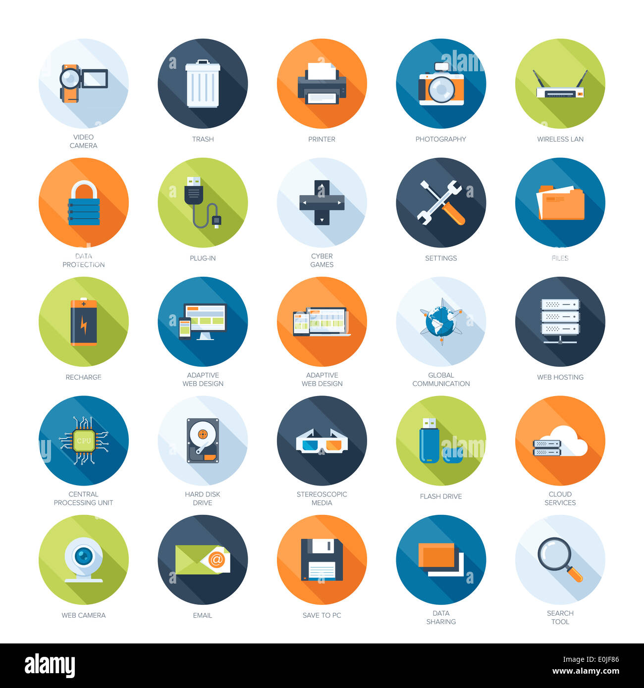 Vector collection of colorful flat technology and multimedia icons with ...