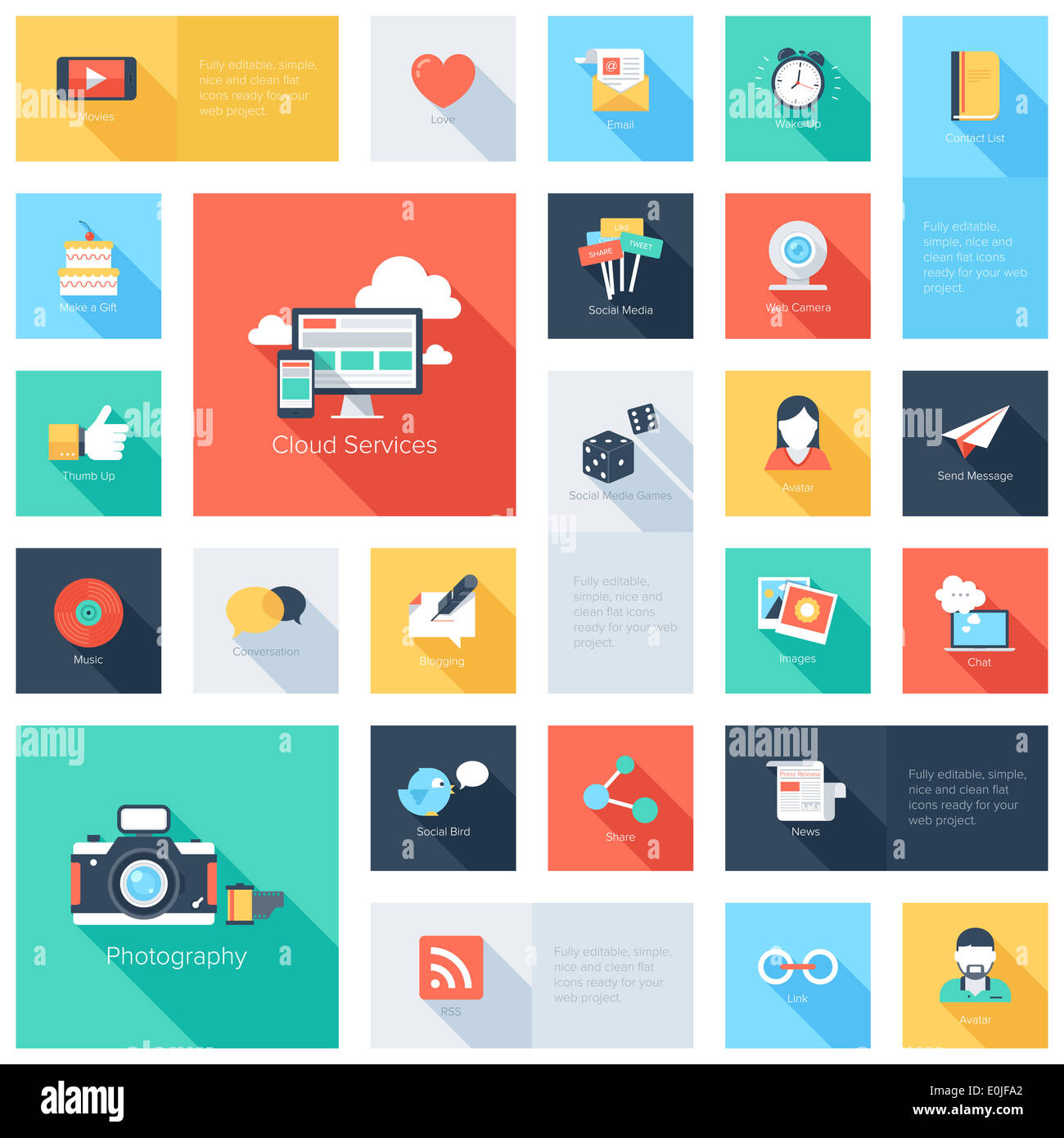 Vector set of modern flat and colorful social media icons with long ...