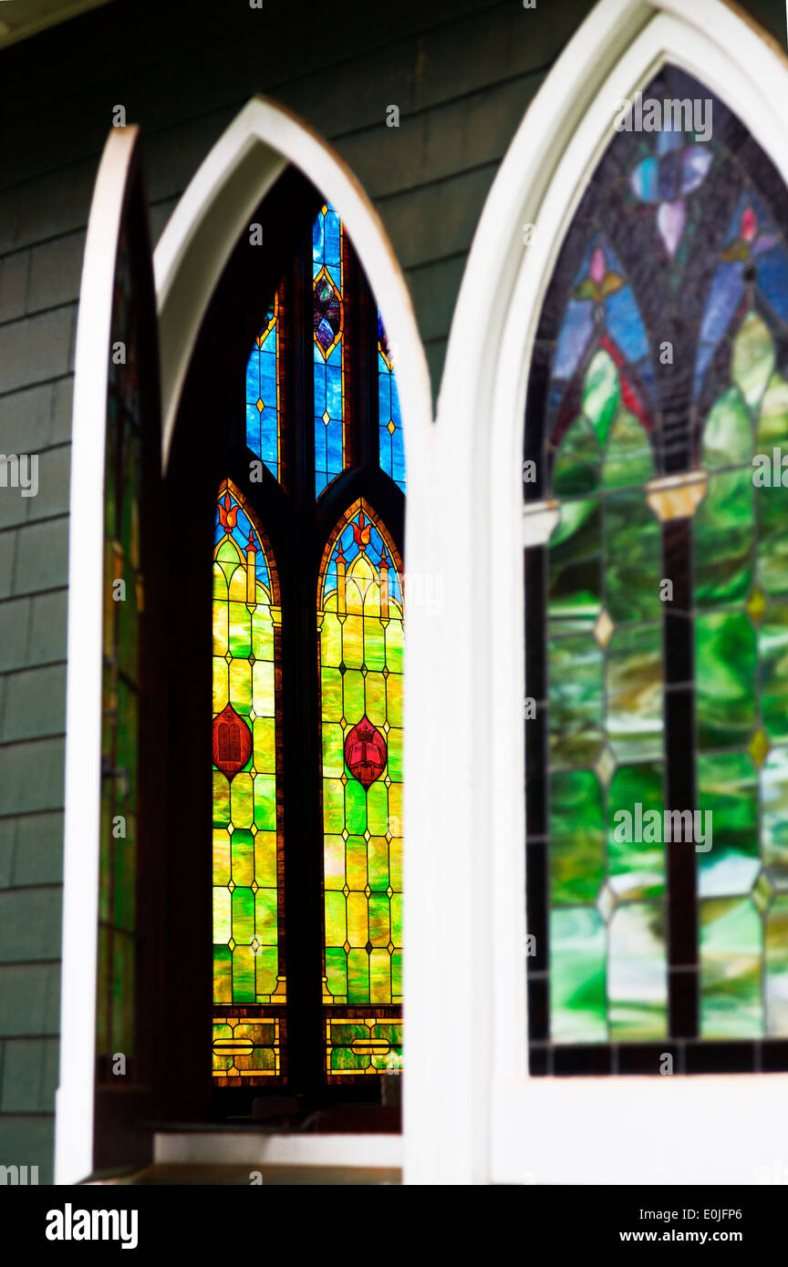 Stain glass window on historic Wai'oli Hui'ia Church in Hanalei, Kauai, Hawaii Stock Photo