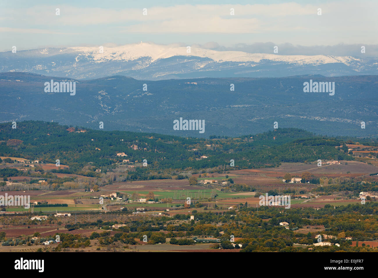 General landscape view from Luberon region with snow ridges of Alpes, Provence, France in winter season Stock Photo