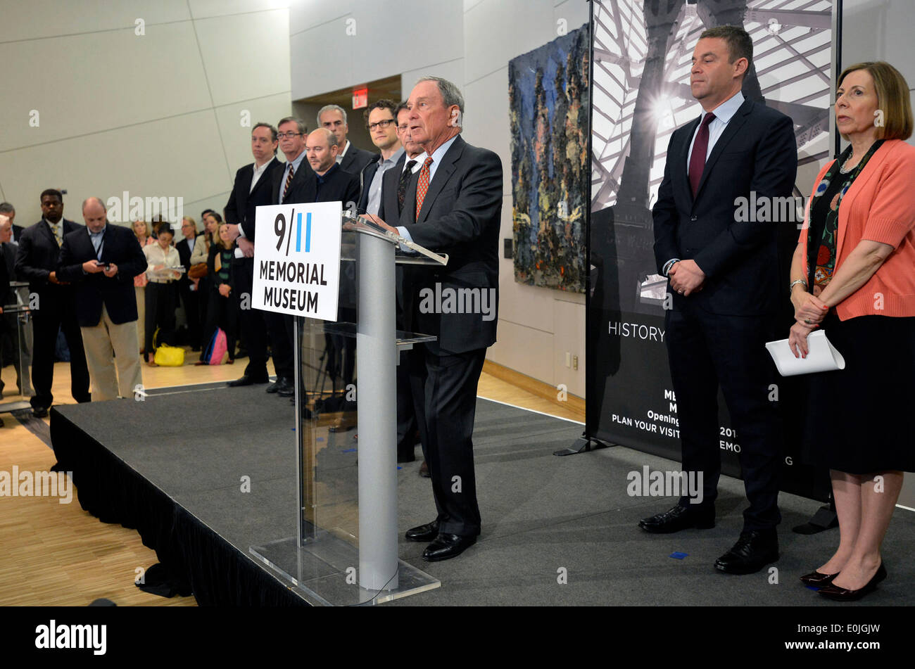 (140514) -- NEW YORK, May 14, 2014 (Xinhua) -- Michael Bloomberg (3rd R), Chairman of the 9/11 Memorial Museum and Mayor of New York City from 2002-2013 delivers a speech during a preview of the National September 11 Memorial Museum in New York, May 14, 2014. The National September 11 Memorial Museum will serve as the country's principal institution for examining the implications of the events of 9/11, documenting the impact of those events and exploring the continuing significance of September 11, 2001. The Museum's 110,000 square feet of exhibition space is located within the archaeological Stock Photo