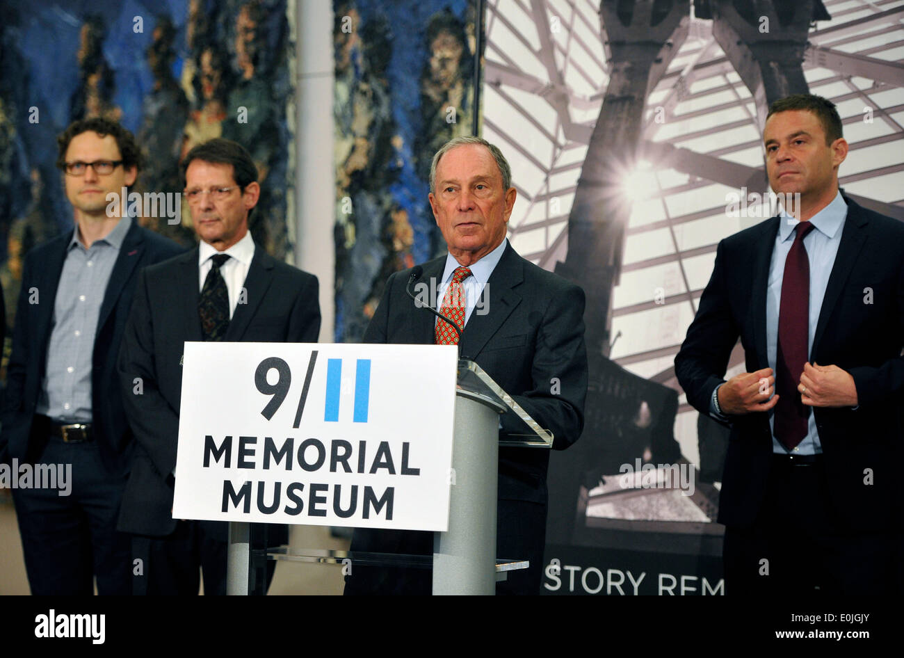 (140514) -- NEW YORK, May 14, 2014 (Xinhua) -- Michael Bloomberg (2nd R), Chairman of the 9/11 Memorial Museum and Mayor of New York City from 2002-2013 delivers a speech during a preview of the National September 11 Memorial Museum in New York, May 14, 2014. The National September 11 Memorial Museum will serve as the country's principal institution for examining the implications of the events of 9/11, documenting the impact of those events and exploring the continuing significance of September 11, 2001. The Museum's 110,000 square feet of exhibition space is located within the archaeological Stock Photo