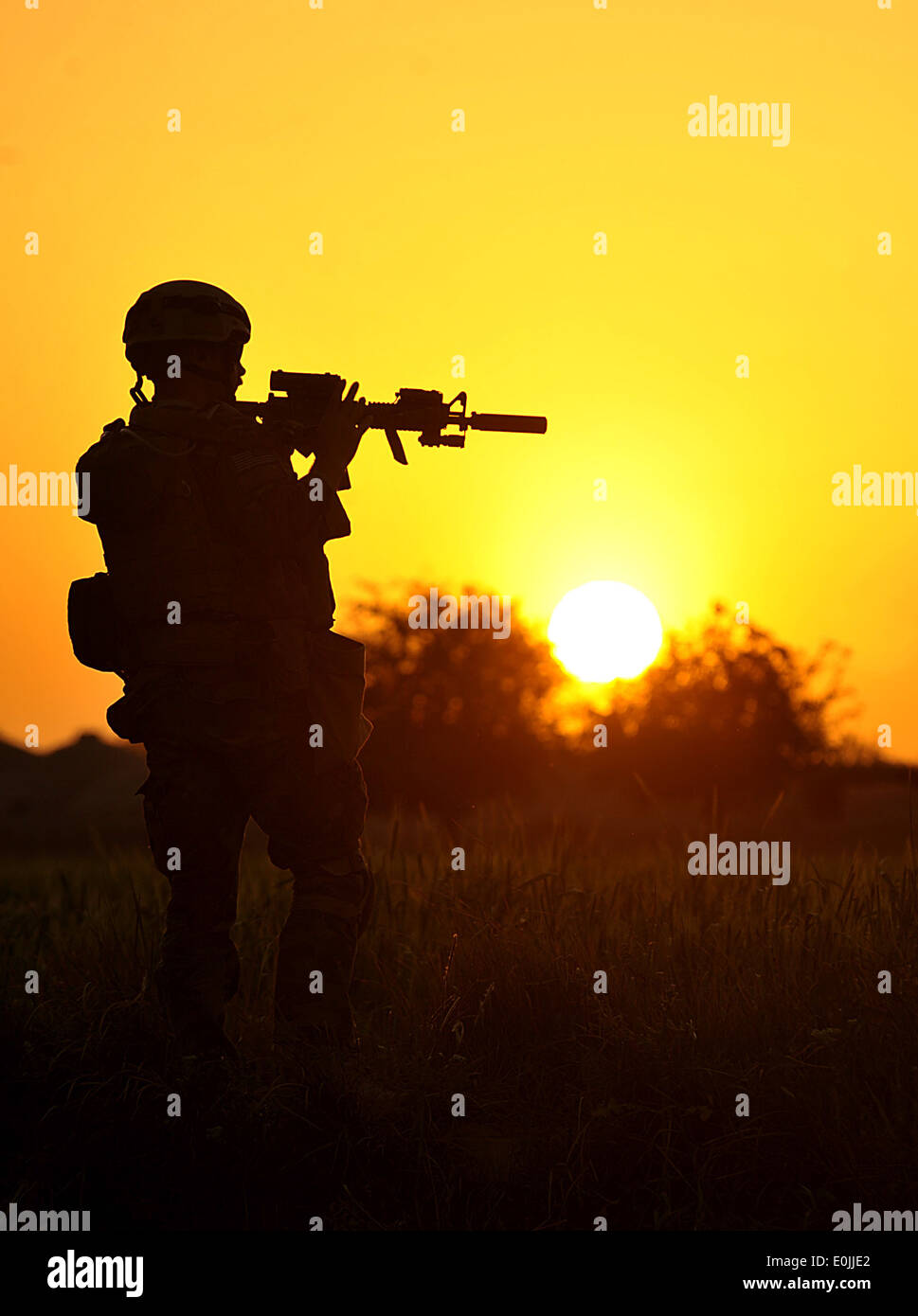 A MARSOC Marine pulls security near a poppy field in Peyo as Afghan National Army Soldiers and Marine Special Operation Command Stock Photo